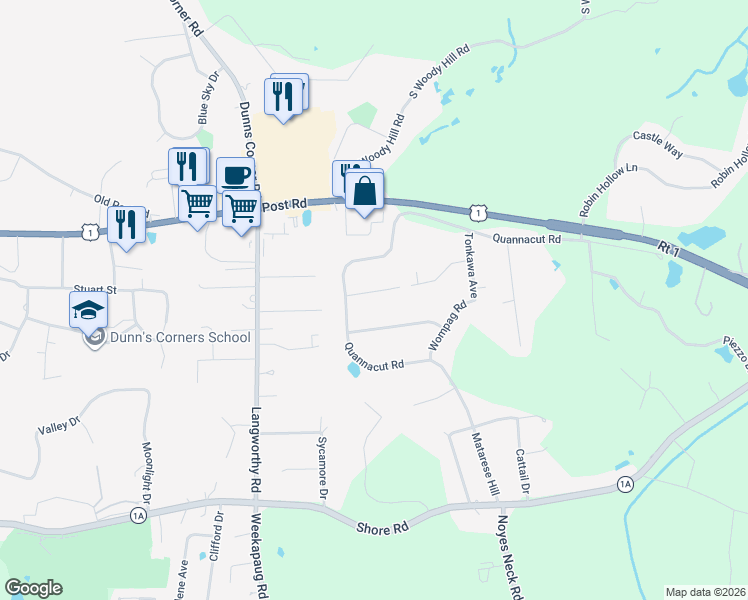 map of restaurants, bars, coffee shops, grocery stores, and more near 5B Coastal Court in Westerly