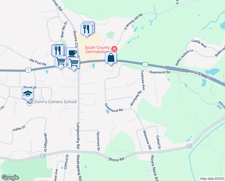 map of restaurants, bars, coffee shops, grocery stores, and more near 10A Coastal Court in Westerly