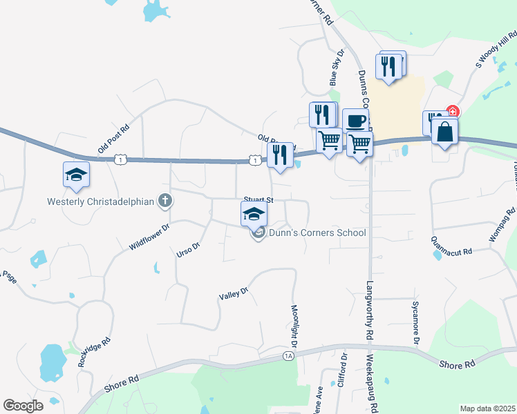 map of restaurants, bars, coffee shops, grocery stores, and more near 18 Stuart Street in Westerly