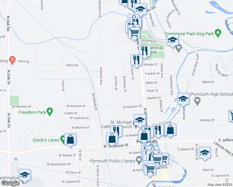 map of restaurants, bars, coffee shops, grocery stores, and more near 1011 North Plum Street in Plymouth