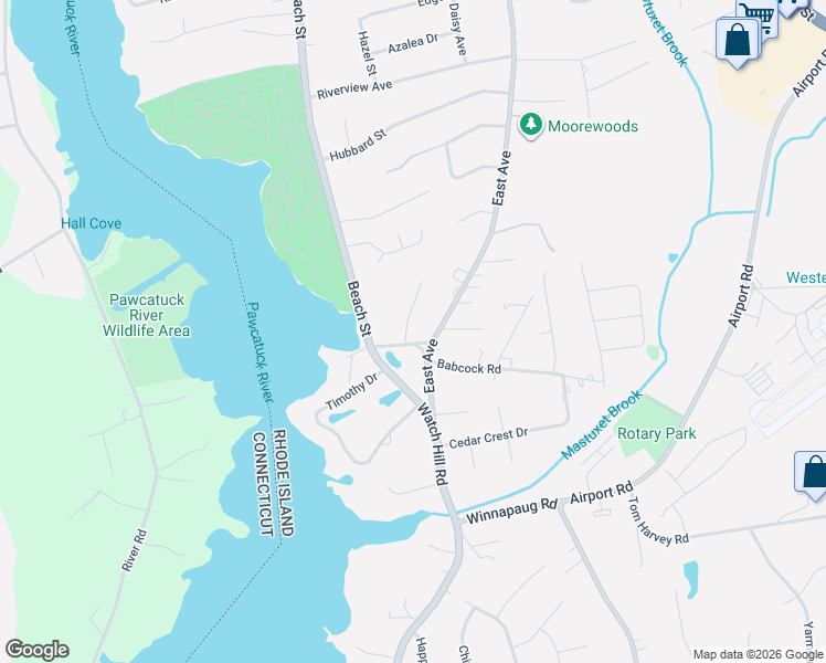 map of restaurants, bars, coffee shops, grocery stores, and more near 4 Bayview Drive in Westerly
