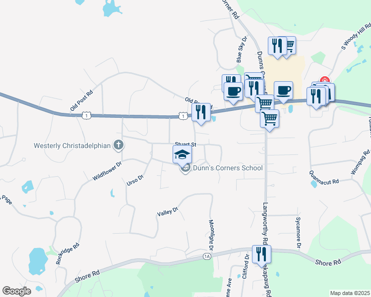 map of restaurants, bars, coffee shops, grocery stores, and more near 18 Stuart Street in Westerly