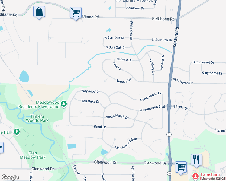 map of restaurants, bars, coffee shops, grocery stores, and more near 2215 Sandalwood Drive in Twinsburg