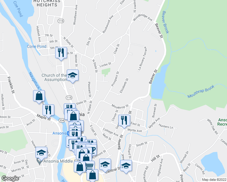 map of restaurants, bars, coffee shops, grocery stores, and more near 3 George Street in Ansonia