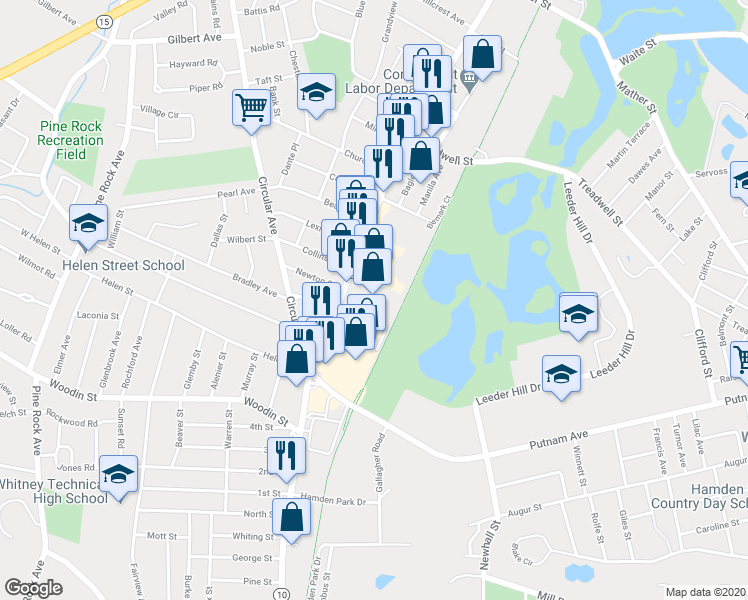 map of restaurants, bars, coffee shops, grocery stores, and more near 1315 Dixwell Avenue in Hamden