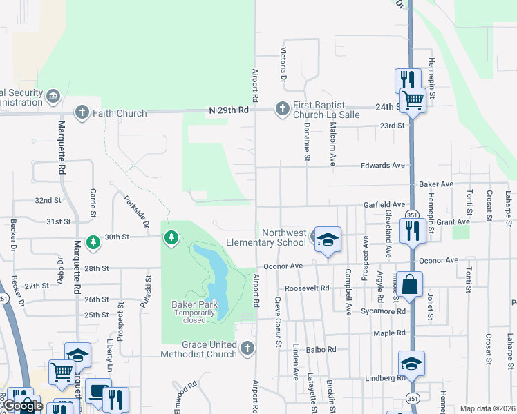 map of restaurants, bars, coffee shops, grocery stores, and more near 105 Garfield Avenue in LaSalle