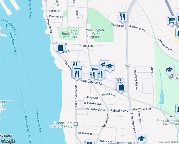 map of restaurants, bars, coffee shops, grocery stores, and more near 63 Denison Avenue in Groton