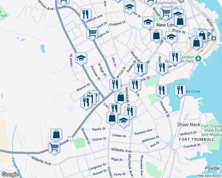 map of restaurants, bars, coffee shops, grocery stores, and more near 18 Spring Street in New London