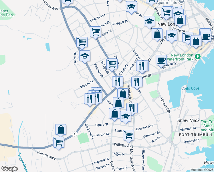 map of restaurants, bars, coffee shops, grocery stores, and more near 36 Summer Street in New London