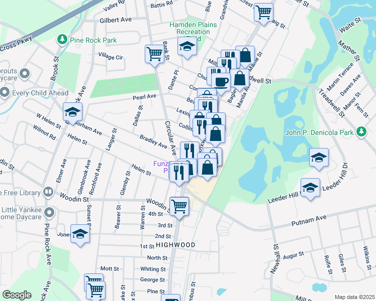 map of restaurants, bars, coffee shops, grocery stores, and more near 1314 Dixwell Avenue in Hamden