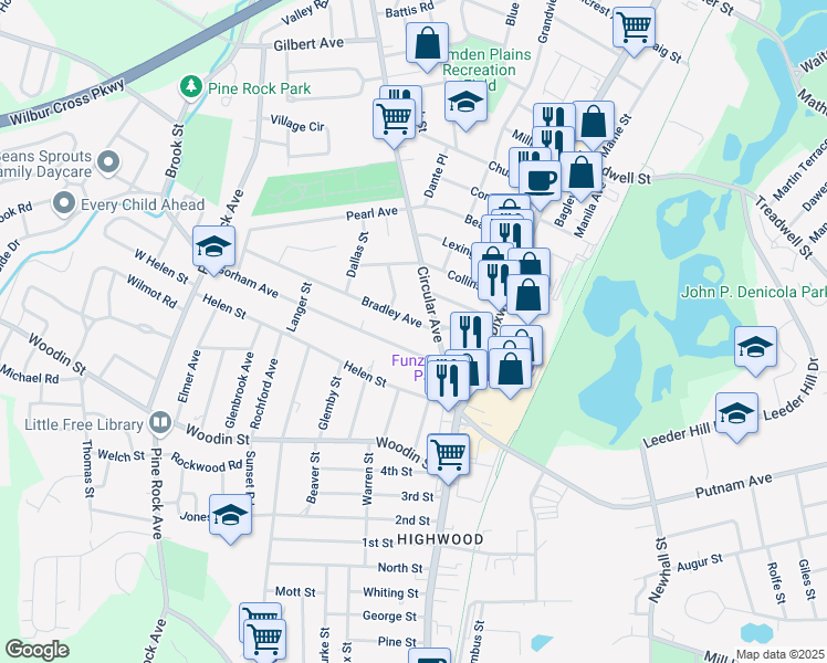 map of restaurants, bars, coffee shops, grocery stores, and more near 36 Bradley Avenue in Hamden