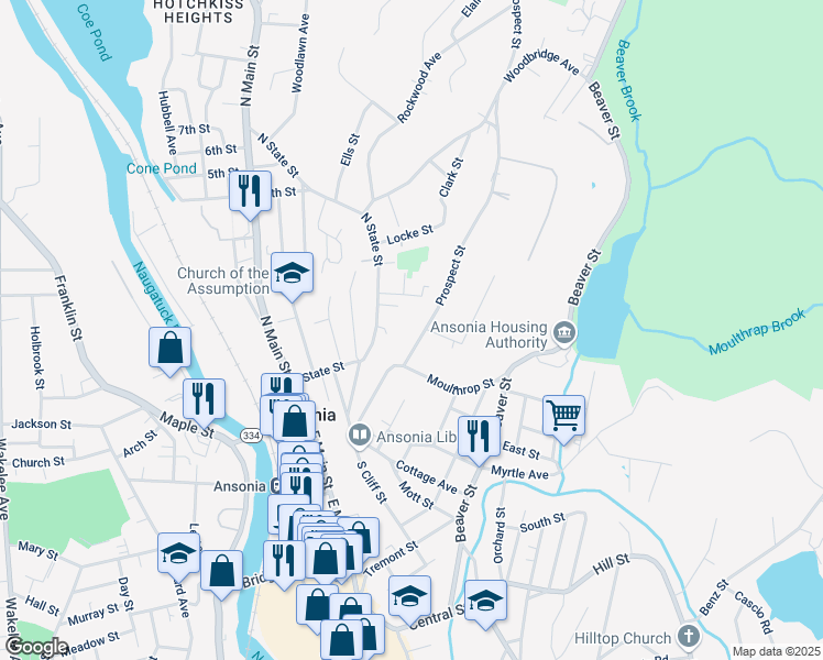 map of restaurants, bars, coffee shops, grocery stores, and more near 80 North State Street in Ansonia