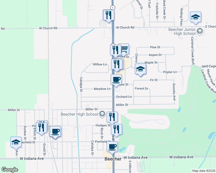 map of restaurants, bars, coffee shops, grocery stores, and more near 520 Country Lane in Beecher