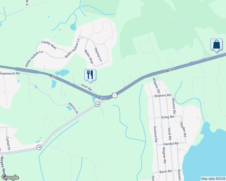 map of restaurants, bars, coffee shops, grocery stores, and more near 346 Post Road in Westerly