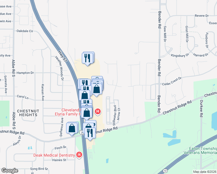 map of restaurants, bars, coffee shops, grocery stores, and more near 101 Carriage Court in Elyria
