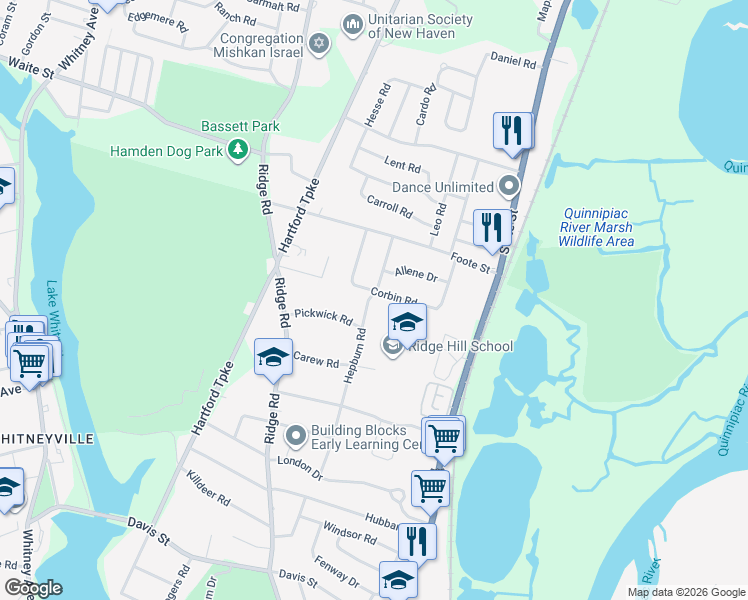 map of restaurants, bars, coffee shops, grocery stores, and more near 150 Corbin Road in Hamden
