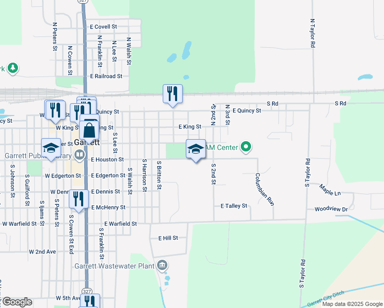 map of restaurants, bars, coffee shops, grocery stores, and more near 800 East Houston Street in Garrett