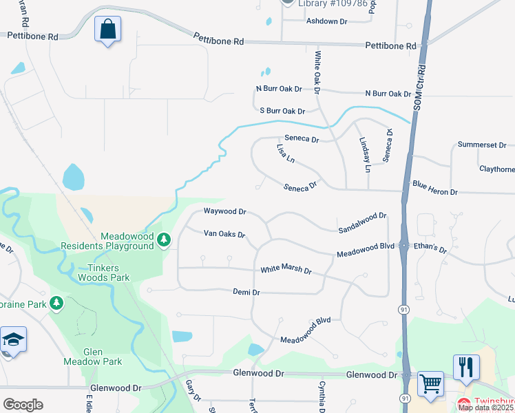 map of restaurants, bars, coffee shops, grocery stores, and more near 2215 Sandalwood Drive in Twinsburg