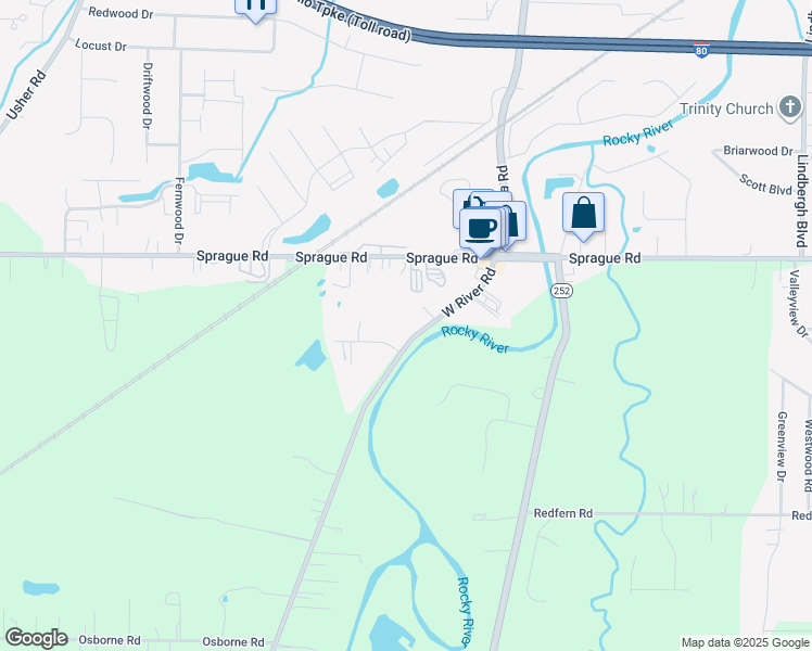 map of restaurants, bars, coffee shops, grocery stores, and more near 10120 West River Road in Columbia Station