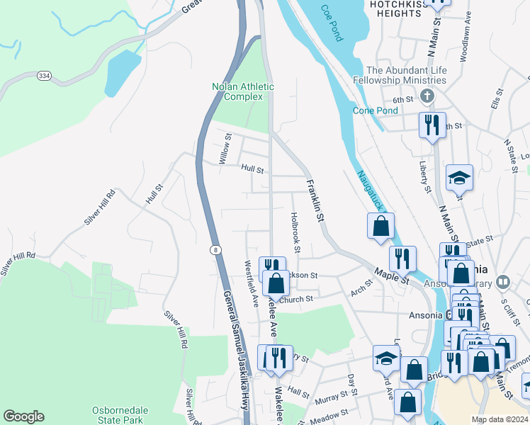 map of restaurants, bars, coffee shops, grocery stores, and more near 261 Wakelee Avenue in Ansonia
