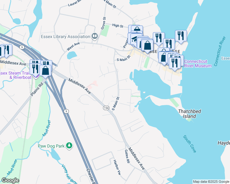 map of restaurants, bars, coffee shops, grocery stores, and more near 17 Hilltop Avenue in Essex
