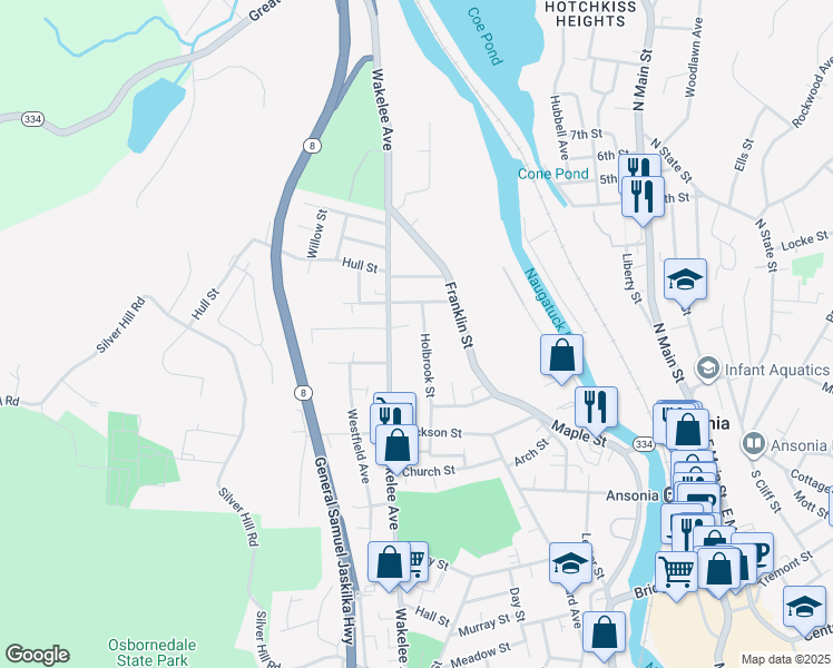 map of restaurants, bars, coffee shops, grocery stores, and more near 260 Wakelee Avenue in Ansonia