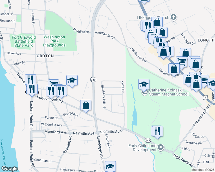 map of restaurants, bars, coffee shops, grocery stores, and more near 16 Washington Drive in Groton