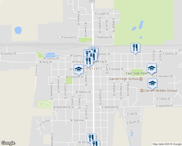 map of restaurants, bars, coffee shops, grocery stores, and more near 212 South Randolph Street in Garrett