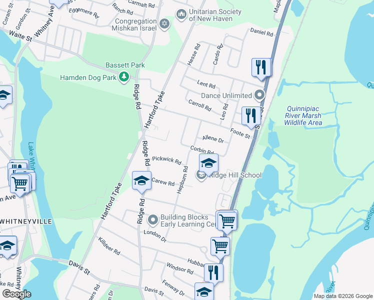 map of restaurants, bars, coffee shops, grocery stores, and more near 150 Corbin Road in Hamden