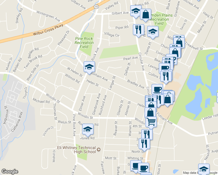 map of restaurants, bars, coffee shops, grocery stores, and more near 193 Helen Street in Hamden
