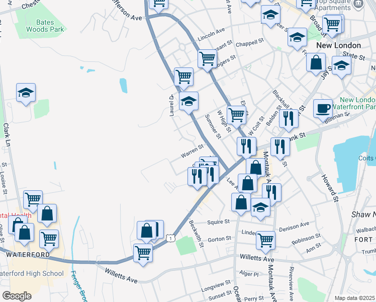 map of restaurants, bars, coffee shops, grocery stores, and more near 39 Warren Street in New London