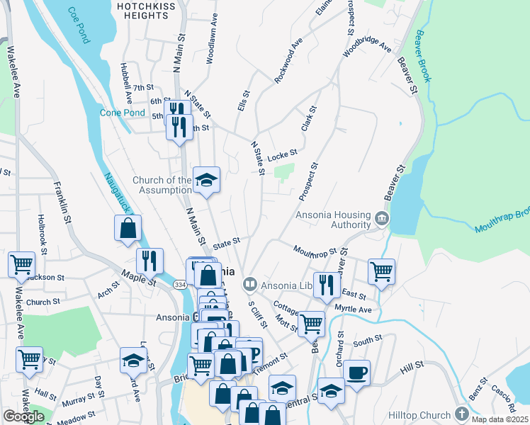 map of restaurants, bars, coffee shops, grocery stores, and more near 80 North State Street in Ansonia