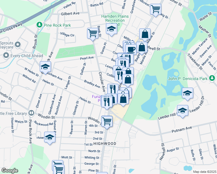 map of restaurants, bars, coffee shops, grocery stores, and more near 95 Circular Avenue in Hamden