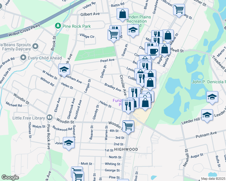map of restaurants, bars, coffee shops, grocery stores, and more near 36 Bradley Avenue in Hamden