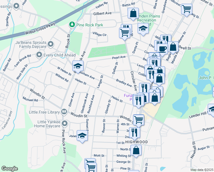 map of restaurants, bars, coffee shops, grocery stores, and more near 134 Gorham Avenue in Hamden