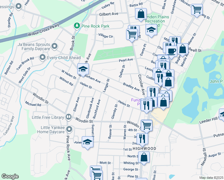 map of restaurants, bars, coffee shops, grocery stores, and more near 134 Gorham Avenue in Hamden
