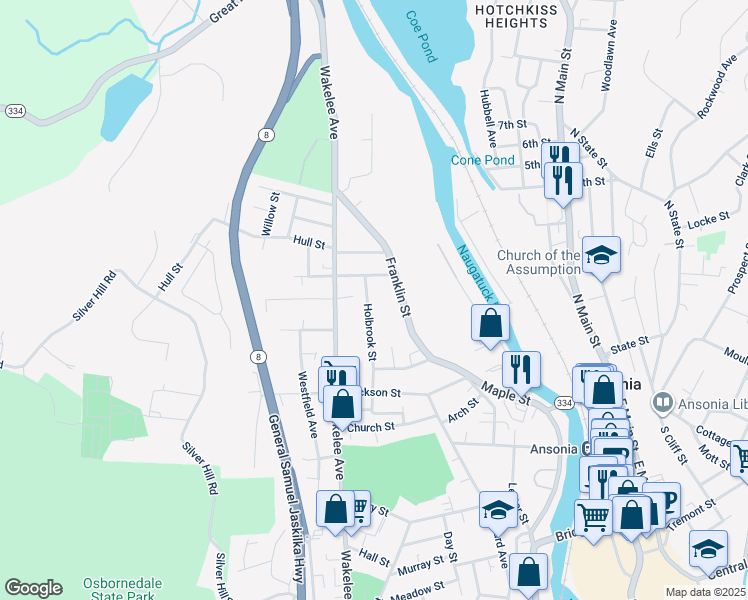 map of restaurants, bars, coffee shops, grocery stores, and more near 69 1/2 Franklin Street in Ansonia