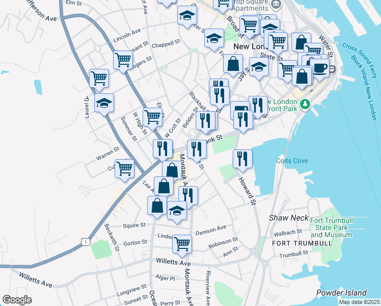 map of restaurants, bars, coffee shops, grocery stores, and more near 15 Hobron Street in New London