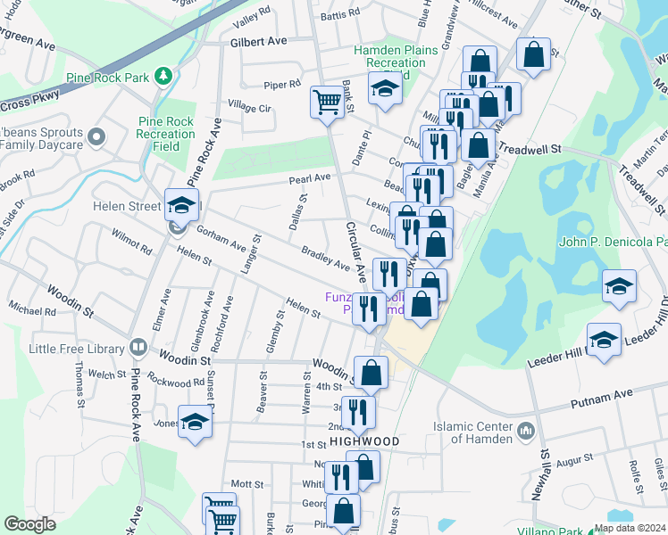 map of restaurants, bars, coffee shops, grocery stores, and more near 36 Bradley Avenue in Hamden