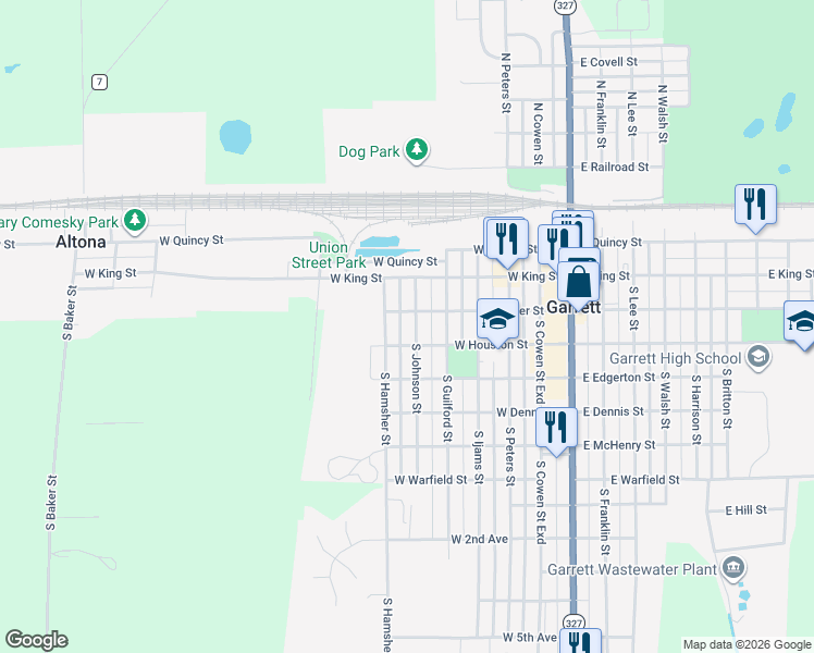 map of restaurants, bars, coffee shops, grocery stores, and more near 207 South Johnson Street in Garrett