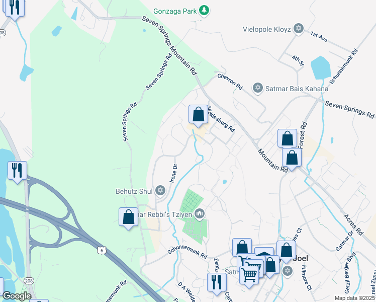 map of restaurants, bars, coffee shops, grocery stores, and more near 4 Ruzhin Road in Kiryas Joel