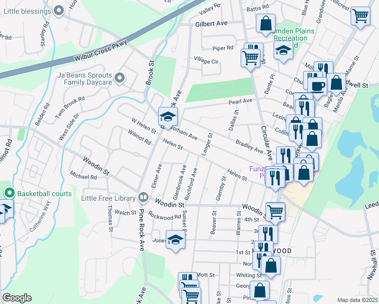 map of restaurants, bars, coffee shops, grocery stores, and more near Helen St & Glenbrook Ave in Hamden