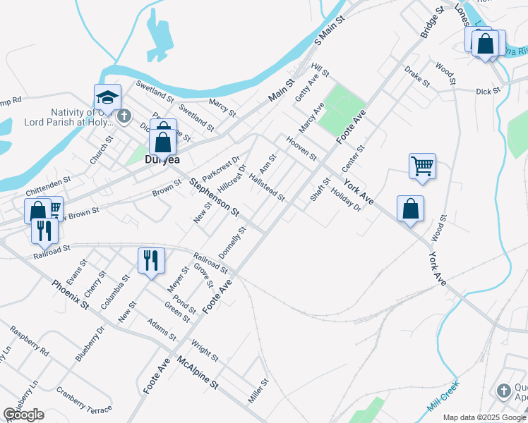map of restaurants, bars, coffee shops, grocery stores, and more near 608 Donnelly Street in Duryea
