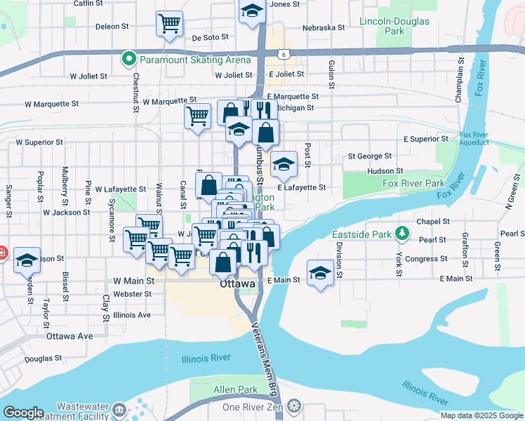 map of restaurants, bars, coffee shops, grocery stores, and more near 115 East Jackson Street in Ottawa