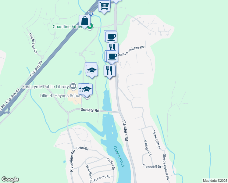 map of restaurants, bars, coffee shops, grocery stores, and more near 162 Flanders Road in East Lyme