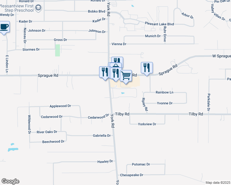 map of restaurants, bars, coffee shops, grocery stores, and more near 8199 York Road in North Royalton