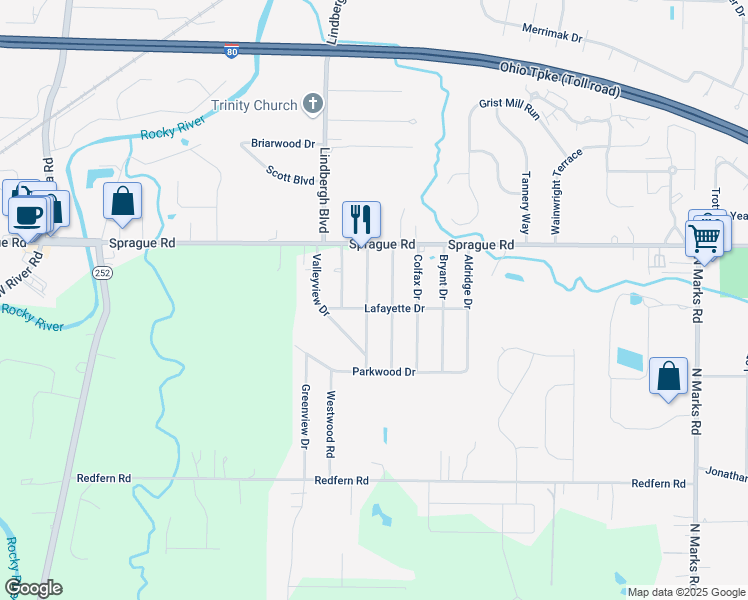 map of restaurants, bars, coffee shops, grocery stores, and more near 9987 Emerson Street in Columbia Station