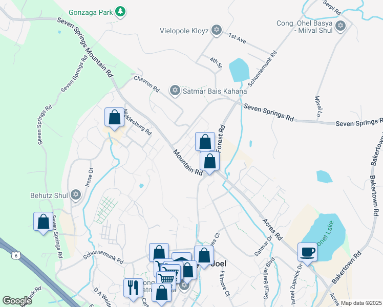 map of restaurants, bars, coffee shops, grocery stores, and more near 14 Sasev Court in Kiryas Joel