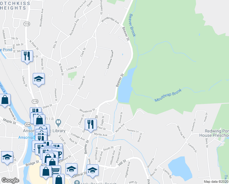 map of restaurants, bars, coffee shops, grocery stores, and more near 269 Beaver Street in Ansonia