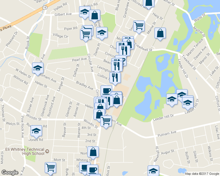 map of restaurants, bars, coffee shops, grocery stores, and more near 1314 Dixwell Avenue in Hamden